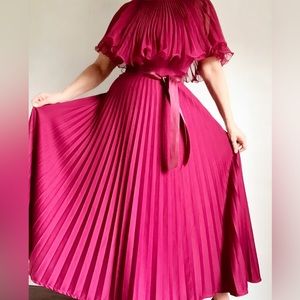 SOLD-Fantastic Vintage 70s Burgundy Pleated Chiffon Caped Maxi Party Dress
